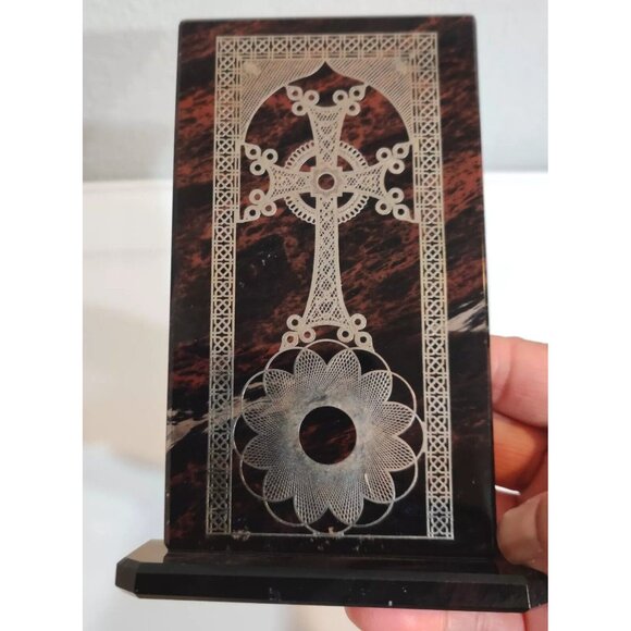 Celtic Cross Silver Print on Glass 6" Stand Mahogany Obsidian ? Alter Safe Space - Picture 5 of 13